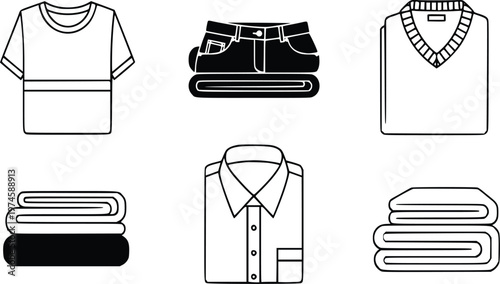 Simple line drawings of various folded and unfolded clothing items including t shirts, shirts, jeans and sweaters.