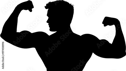 Muscular man silhouette flexing biceps, showcasing strength, power, and fitness. Bodybuilding and workout concept on white.