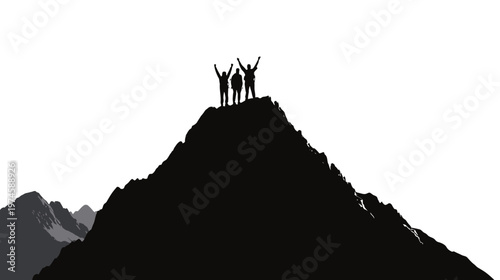 Team of three triumphant people silhouettes celebrating success on a mountain peak, symbolizing achievement, goals, and teamwork
