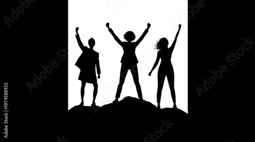 Powerful women silhouettes celebrating success, achievement, and unity. Strong female team triumphing together, symbolizing empowerment and leadership.