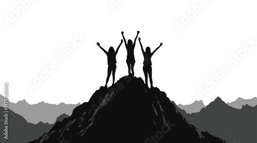 Triumphant silhouettes of three people celebrating success on a mountain peak. Achievement, teamwork, and overcoming challenges concept.