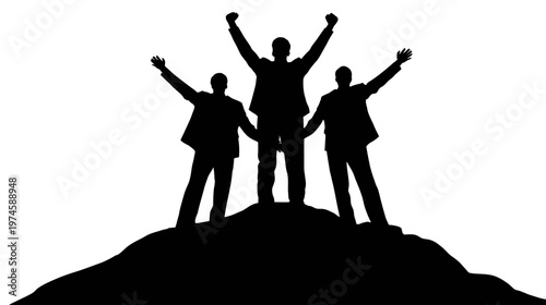 Silhouettes of triumphant business team raising arms on a hilltop, symbolizing success, achievement, victory, and leadership.