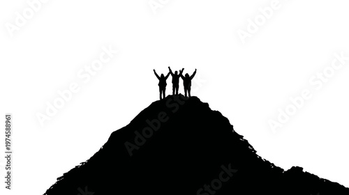 Silhouettes of three triumphant people with arms raised, celebrating success and achievement on a mountain peak against a white sky.