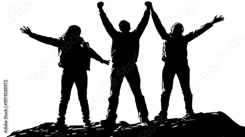 Triumphant silhouette of three people on a mountain peak, celebrating success, teamwork, and achievement