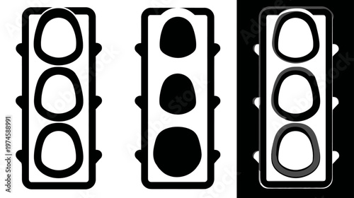 Monochrome traffic light icon set with stop, go, and wait signals. Road safety, direction, and urban control concept.