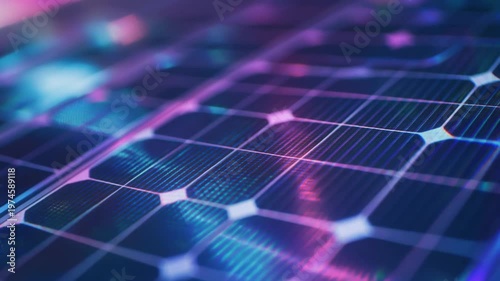Solar Panel in Futuristic Ambiance: A close-up view of solar panels, illuminated with vibrant colors, epitomizing clean energy and futuristic technology.  Generative AI.