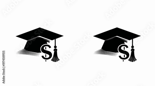 Education cost concept with graduation caps and dollar signs, symbolizing student debt, financial aid, and academic expenses