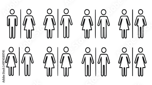 Restroom signs with various gender symbols on white background