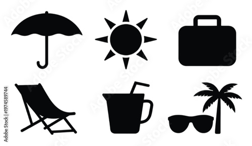 Large collection of summer vacation silhouettes featuring beach relaxation elements sun lounger umbrella seaside accessories and holiday travel symbols in minimal black vector style