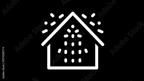 White outline icon of a house with internal particles, symbolizing home insulation, air quality, or building treatment.