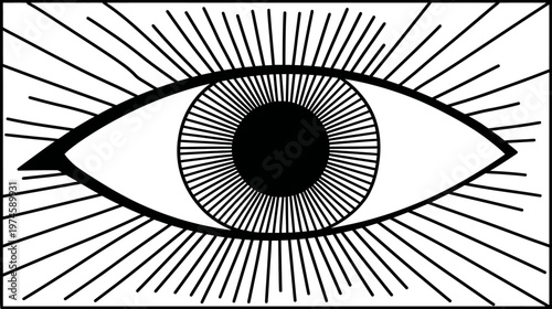 Stylized all-seeing eye symbol with radiating lines. Black and white vector illustration representing vision, insight, and spiritual awakening.