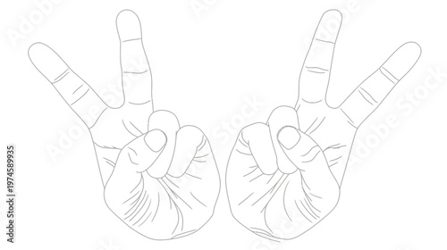 Two hands showing peace and victory gesture, fingers forming V sign. Outline illustration on white background.
