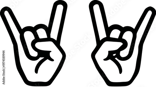 Two rock and roll hand gestures illustration, heavy metal sign, finger horns symbol, music culture, concert expression, freedom, energy vector icon.