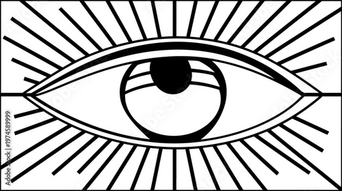 Mystical stylized eye with radiating light rays, spiritual symbol of providence and wisdom, black and white graphic illustration