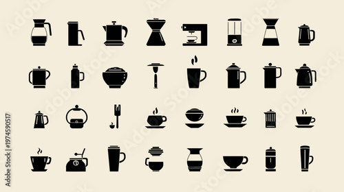 Coffee Icons Set. Vector silhouettes of various coffee makers, brewing equipment, cups, and accessories for cafe and beverage design.