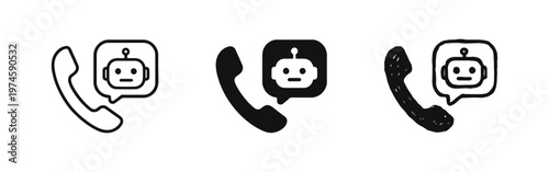 Chatbot call icon set. AI customer service and automated phone support symbols in outline, solid, and hand-drawn styles.