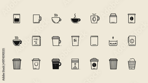 Minimalist Coffee Icon Set Vector Illustration. Outline Beverage Symbols for Cafe Menu, Web Design, and UI/UX.