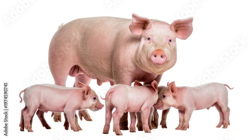 фотографія Adult pig with three piglets, isolated on transparent background