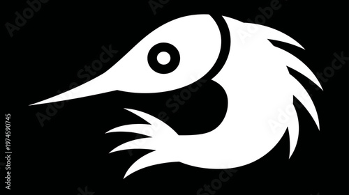 Stylized white kiwi bird silhouette with long beak and spiky feathers on a black background, minimalist animal illustration