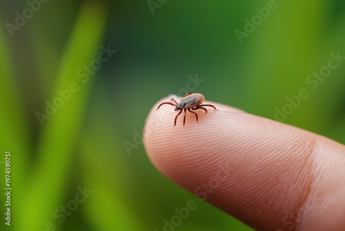 Small Dangerous Tick Insect on a Fingertip Against a Green Grassy Background