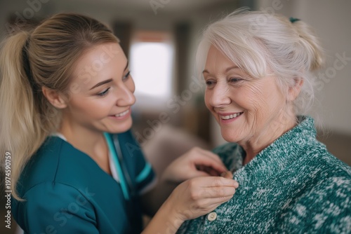 Caring Female Nurse Helping a Senior Woman Get Dressed at Home