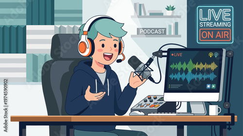A dynamic Flat Design illustration of a cute anime character engaged in live podcasting or streaming with a headset and microphone. This modern vector artwork represents digital communication and cont
