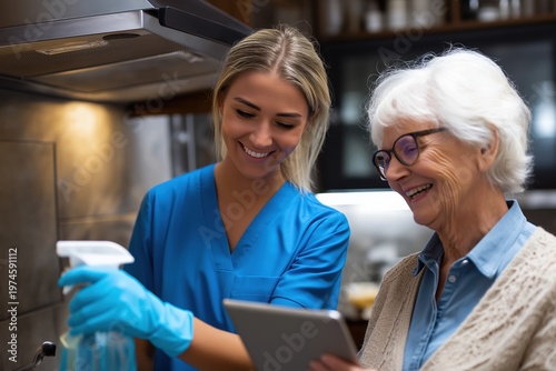 Caregiver and Senior Woman Using a Tablet While Cleaning the Kitchen