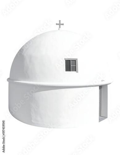 A rendered, whitewashed building with a rounded dome, small window, and a door, topped by a cross. Isolated against white