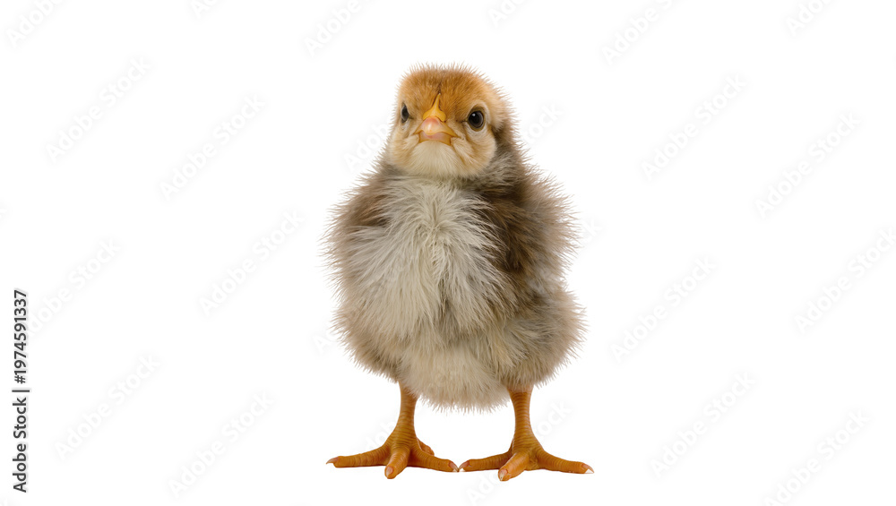 Fototapeta premium Fluffy brown and yellow chick standing, isolated on transparent background