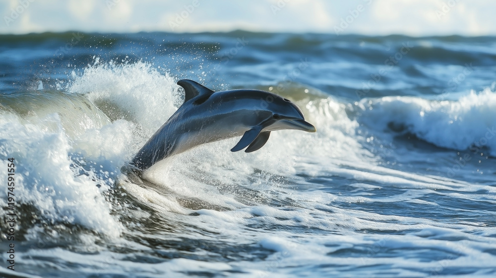 Fototapeta premium Dolphin Leaping Gracefully Over Foaming Ocean Waves at Sunset 