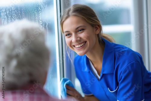 Smiling Young Caregiver Cleaning a Window for a Senior Woman