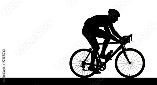 Silhouette of a cyclist on a road bike, racing with determination against a white background.
