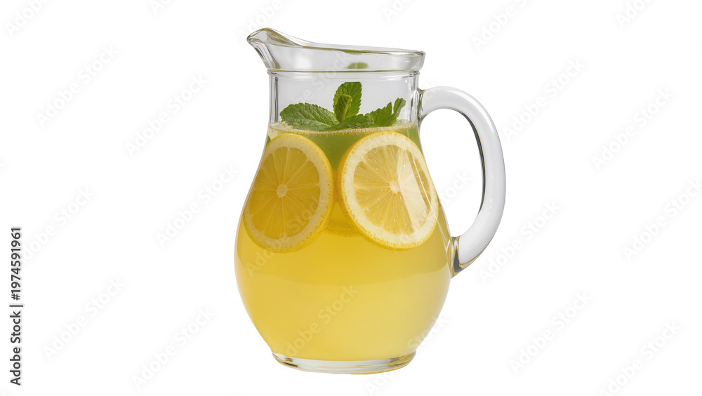 Αυτοκόλλητο Glass pitcher filled with yellow lemonade lemon slices and mint leaves, isolated
