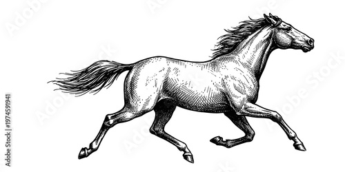 Vintage engraved horse illustration detailed hand drawn line art black and white style