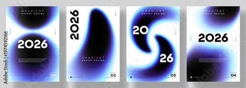 Set of A4 posters with gradient shapes. Vector flyers with vibrant shapes with blur edges and iridescent gradient. Modern abstract posters for booklet, cover, branding, ads, promotion.