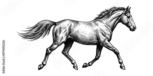 Vintage engraved horse illustration detailed hand drawn line art black and white style