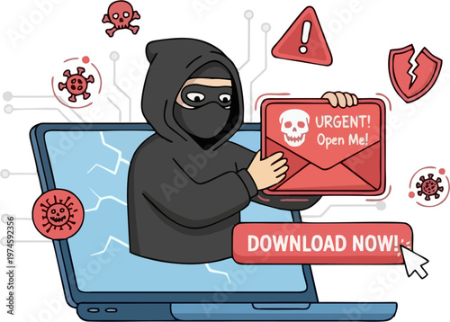 Cartoon Hacker Emerging from Laptop with Phishing Email and Virus Warning – Cybersecurity Threat Vector Illustration for Online Safety and Malware Awareness
