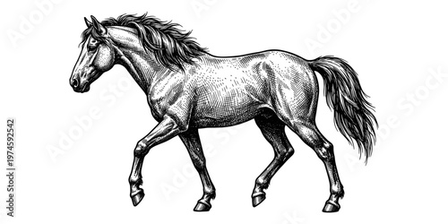 Vintage engraved horse illustration detailed hand drawn line art black and white style