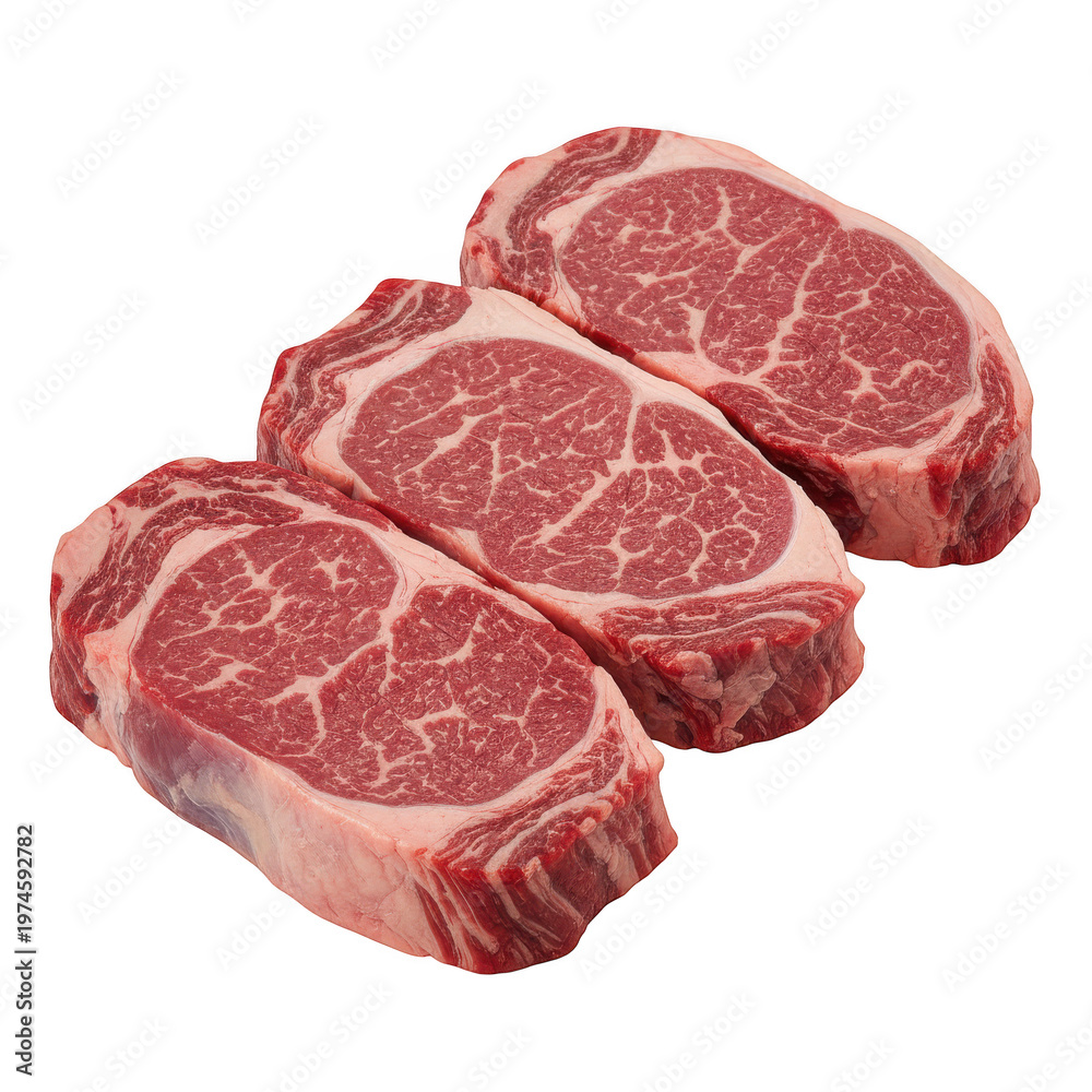 Fototapeta premium Three raw ribeye steaks with marbling isolated on a transparent background