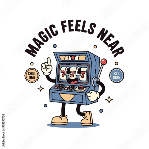 Whimsical cartoon slot machine character featuring a triumphant jackpot, embodying joyful luck and a vintage gaming experience, perfect for celebrating chance and fortune