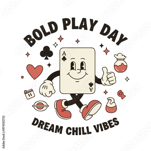 Retro Ace of Spades Character with Thumbs Up and Stars, Celebrating Bold Play Day and Dream Chill Vibes