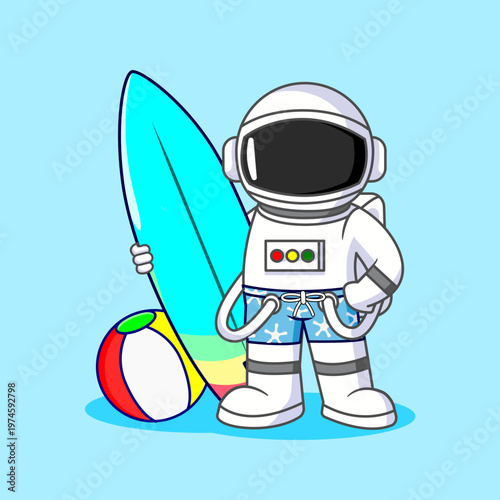 Cartoon astronaut ready for summer surfing Vector Illustration 