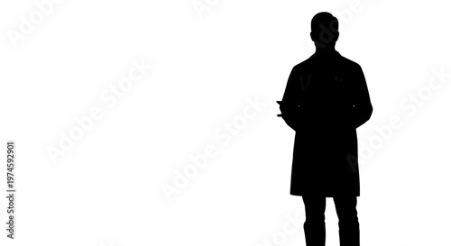 Silhouette of a doctor holding a clipboard, standing against a white background