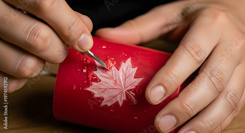 Canada day celebration carving a maple leaf into a red candle for july 1st