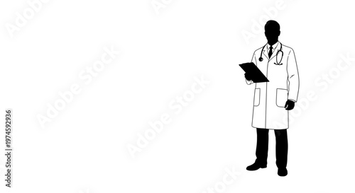 Silhouette of a doctor in a lab coat holding a clipboard, isolated on white background