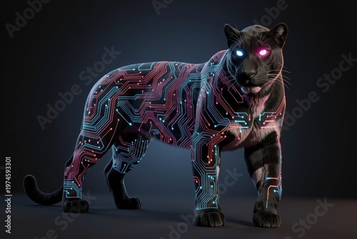 Neon Circuit Board Panther Standing Dark Background Cyberpunk Futuristic Animal Digital Art Glowing Eyes Tech Fusion