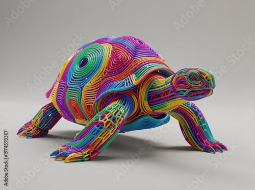 Vibrant Rainbow Turtle Sculpture Made of Interwoven Plastic Tubes, Abstract Modern Art Installation