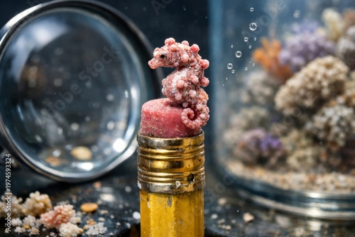 Miniature seahorse perched atop pencil eraser in underwater aquarium scene with magnifying glass and coral reef details