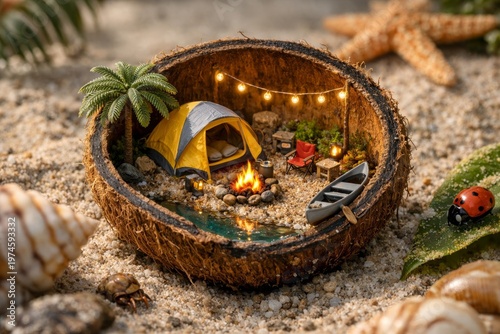 Miniature beach campsite inside coconut shell with tent fire glow lights palm tree ladybug shells ocean vibe