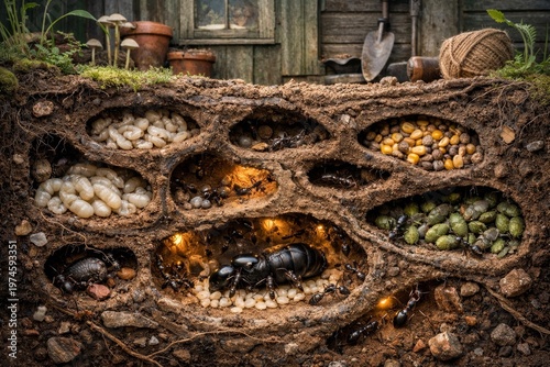Underground Ant Colony Nest Revealed – Detailed Soil Structure With Larvae, Food Stores & Worker Bees Under Natural Light